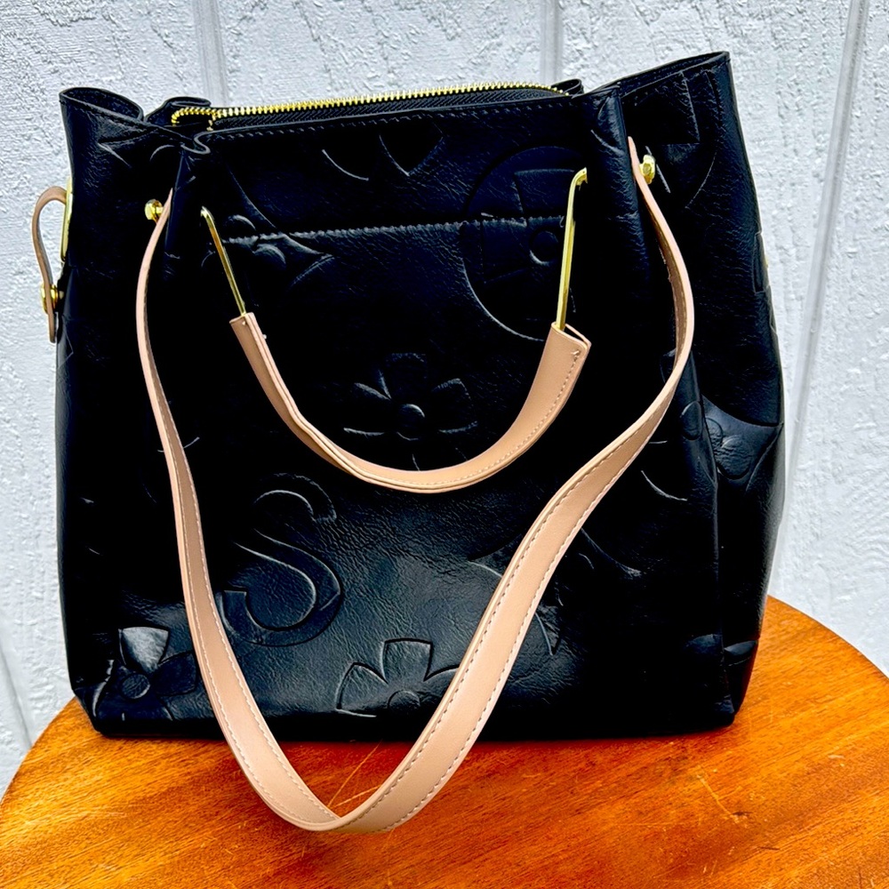 Black & Tan Floral Embossed Shoulder Bag with Organizer Insert NWOT